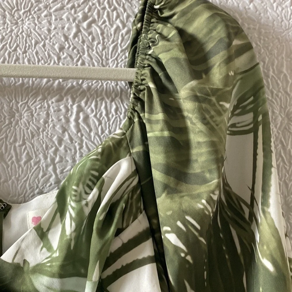 L'ATISTE By Amy Palm Branch Long Lantern Sleeve Ruched Mini Dress - Picture 6 of 11